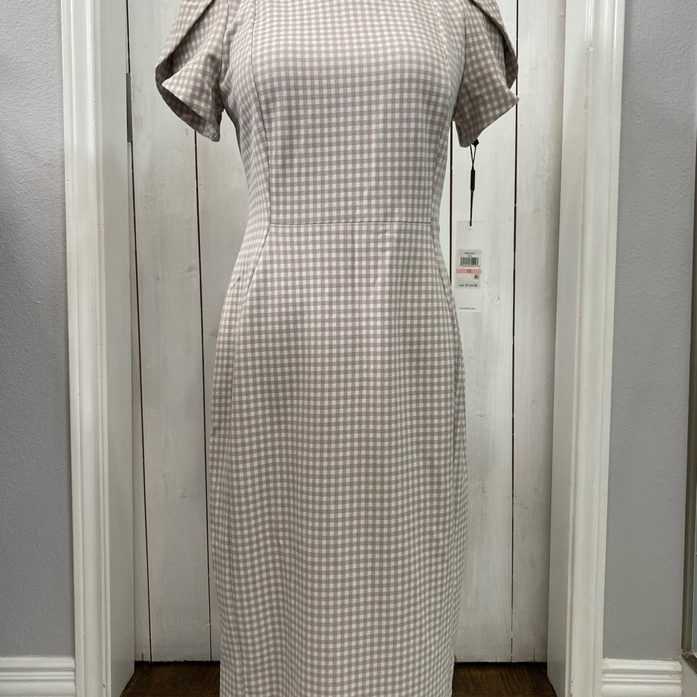 NWT Calvin Klein Cream and Tan Checkered Midi Dress